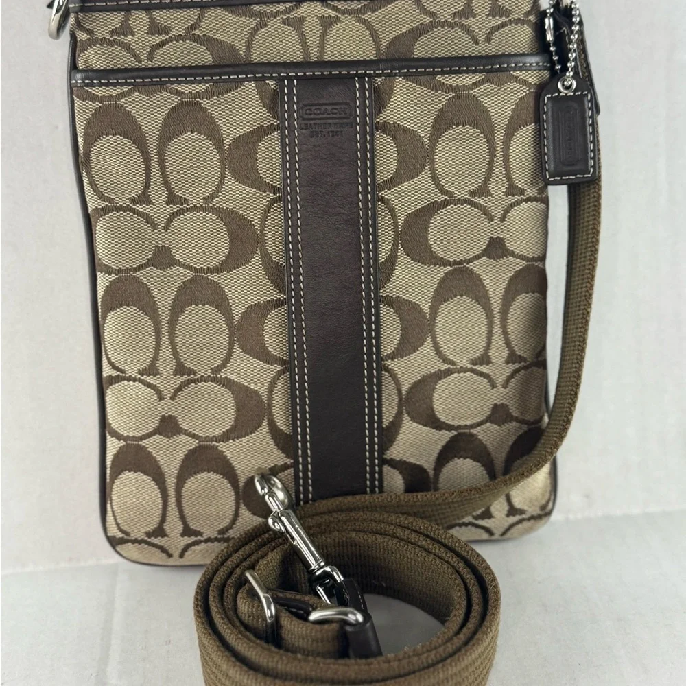 Coach Vintage Small Crossbody Bag Tan Logo Printed Canvas Brown Leather Accents.